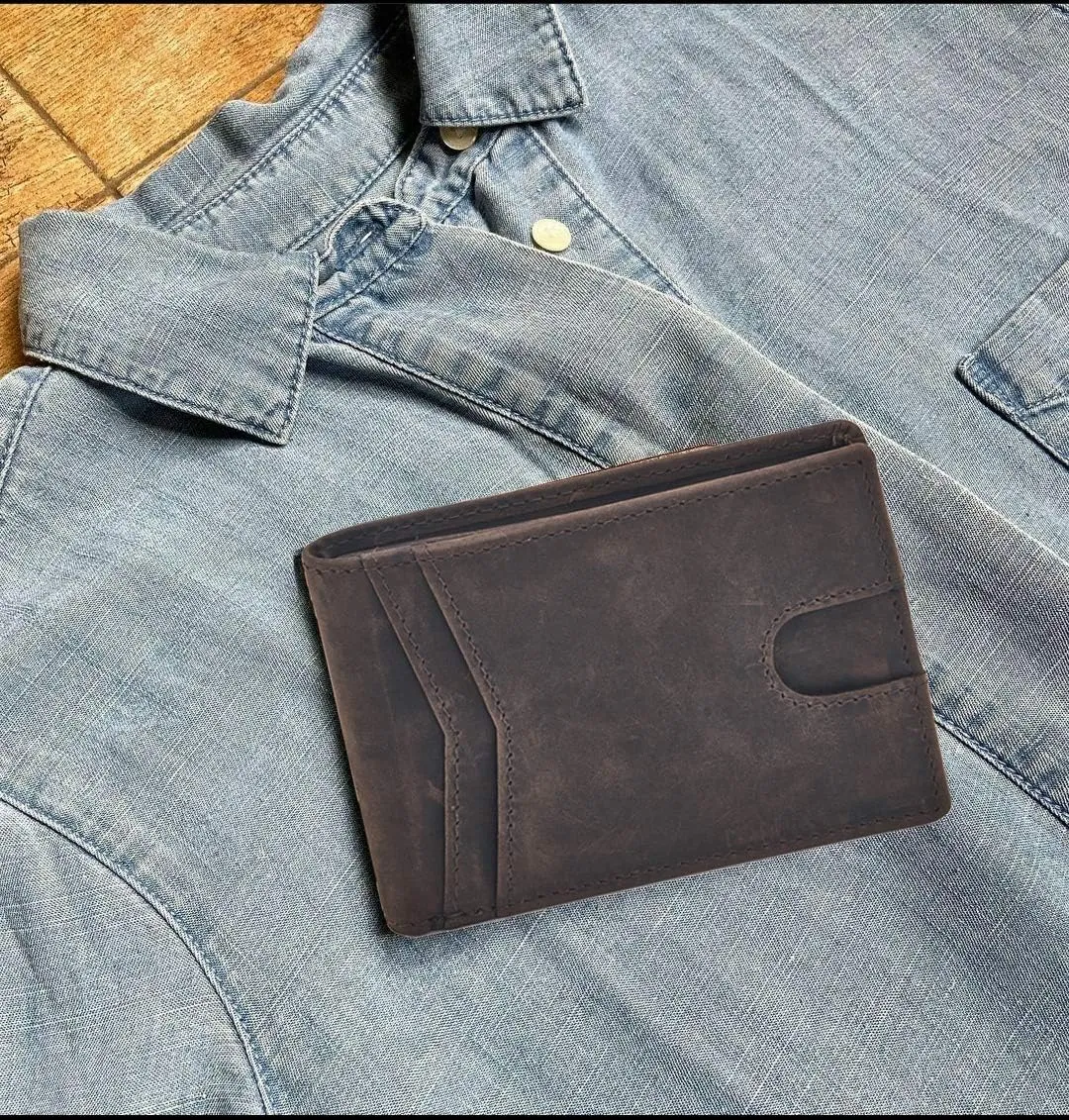 Wallet for Men Bifold Real Leather Slim RFID Blocking Front Pocket Minimalist Stylish Design with ID Window in Gift Box (Crazy Horse, Coffee)