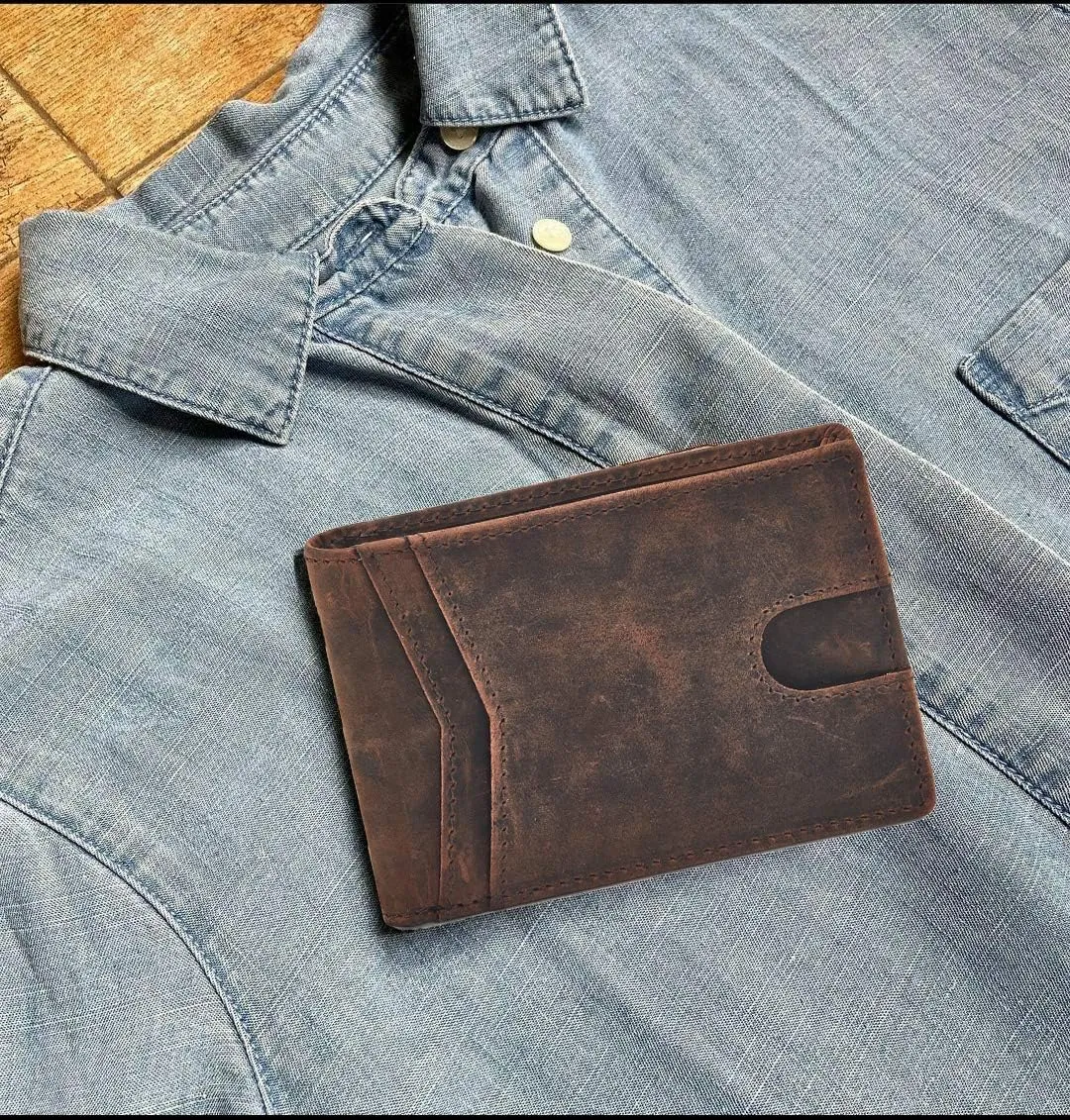 Wallet for Men Bifold Real Leather Slim RFID Blocking Front Pocket Minimalist Stylish Design with ID Window in Gift Box (Crazy Horse, Cognac)