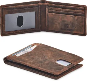 Wallet for Men Bifold Real Leather Slim RFID Blocking Front Pocket Minimalist Stylish Design with ID Window in Gift Box (Crazy Horse, Cognac)
