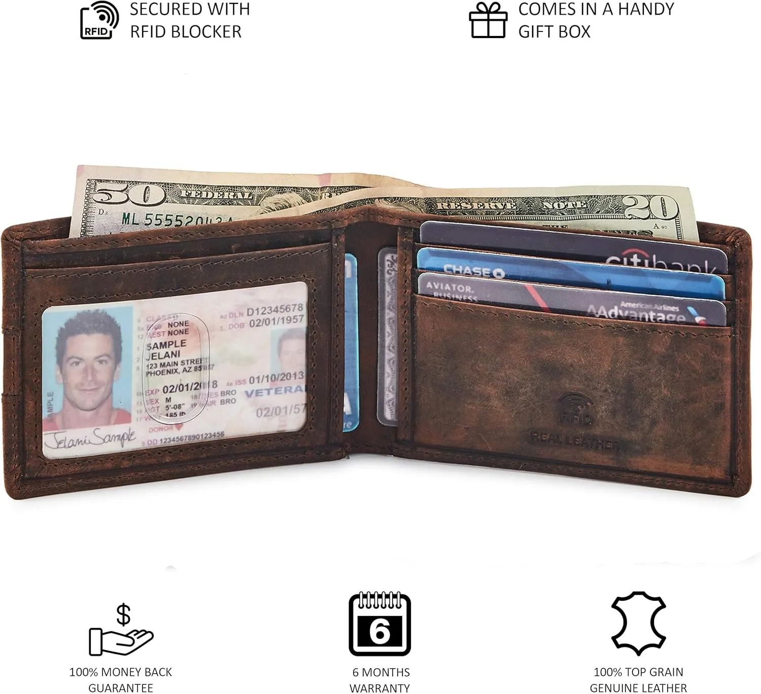 Wallet for Men Bifold Real Leather Slim RFID Blocking Front Pocket Minimalist Stylish Design with ID Window in Gift Box (Crazy Horse, Cognac)