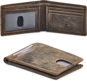Wallet for Men Bifold Real Leather Slim RFID Blocking Front Pocket Minimalist Stylish Design with ID Window in Gift Box (Crazy Horse, Moss)