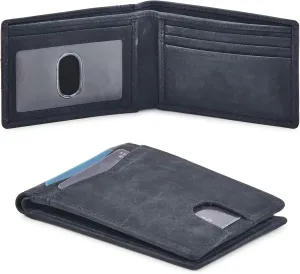 Wallet for Men Bifold Real Leather Slim RFID Blocking Front Pocket Minimalist Stylish Design with ID Window in Gift Box (Crazy Horse, Navy)
