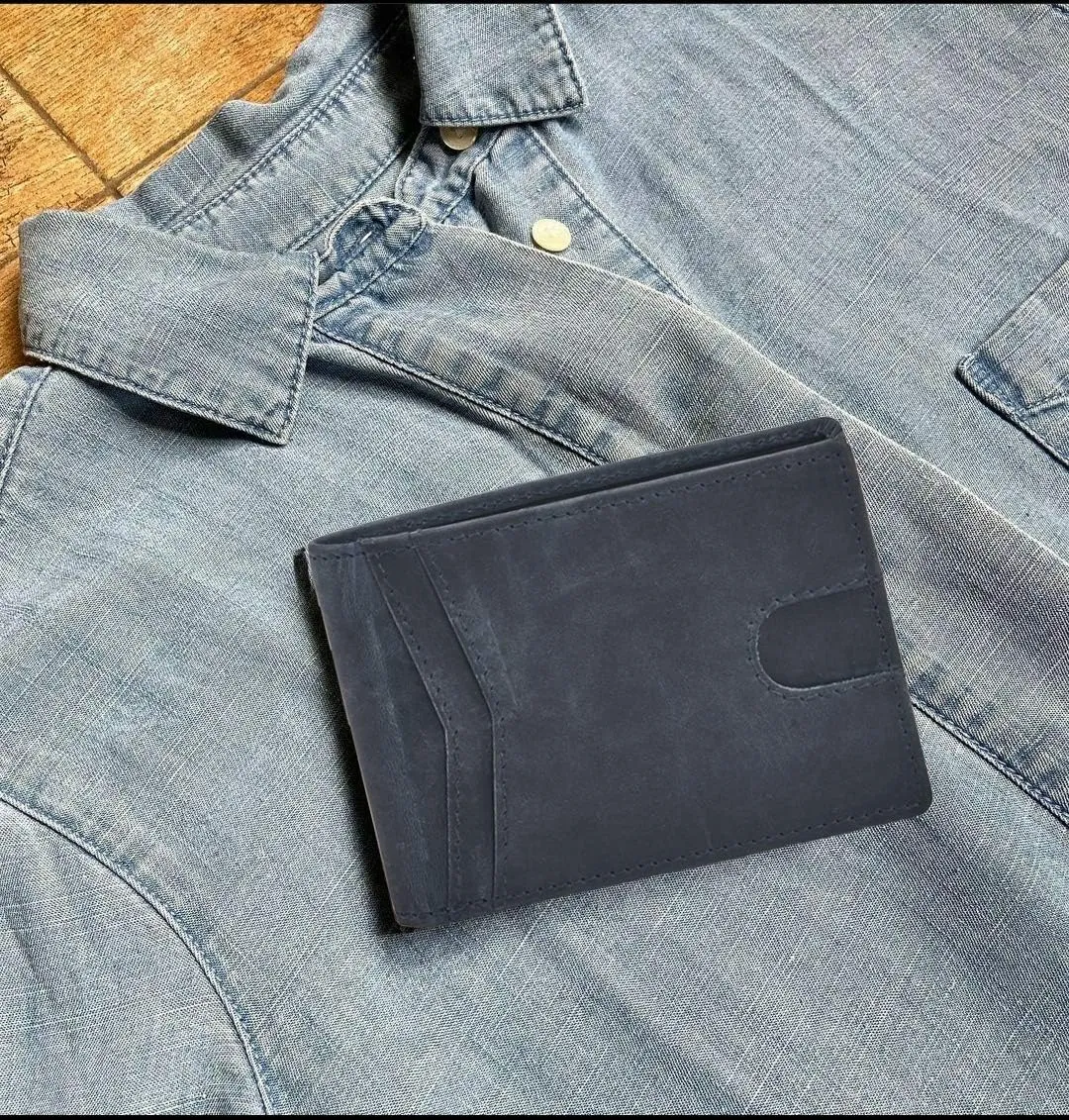 Wallet for Men Bifold Real Leather Slim RFID Blocking Front Pocket Minimalist Stylish Design with ID Window in Gift Box (Crazy Horse, Navy)