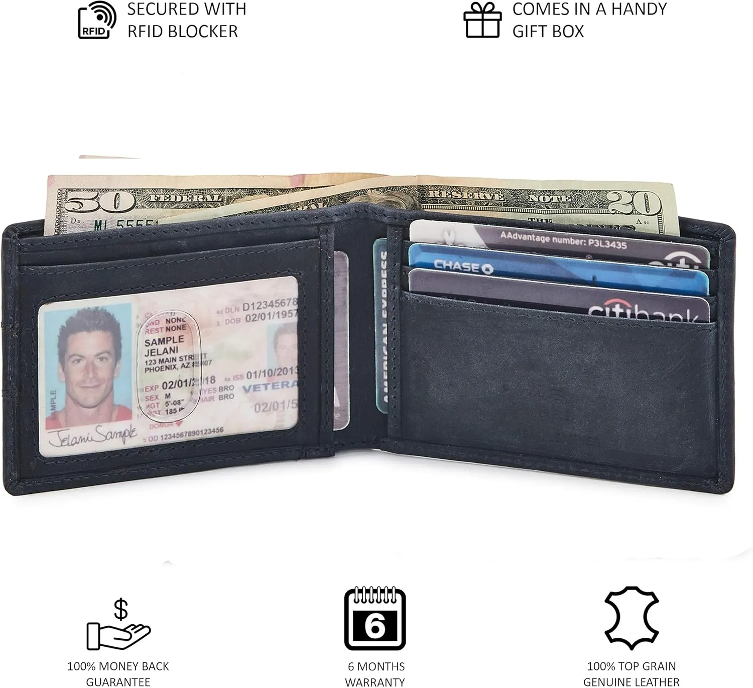 Wallet for Men Bifold Real Leather Slim RFID Blocking Front Pocket Minimalist Stylish Design with ID Window in Gift Box (Crazy Horse, Navy)