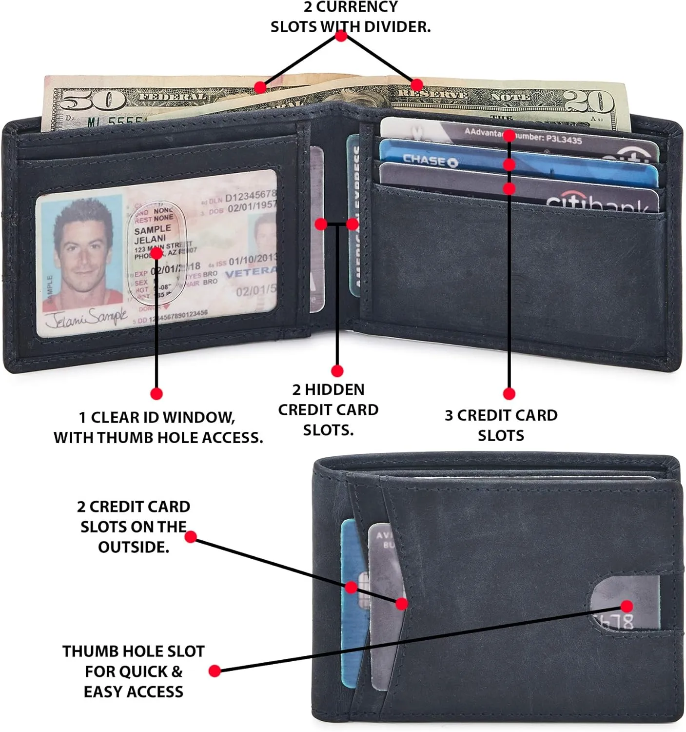 Wallet for Men Bifold Real Leather Slim RFID Blocking Front Pocket Minimalist Stylish Design with ID Window in Gift Box (Crazy Horse, Navy)
