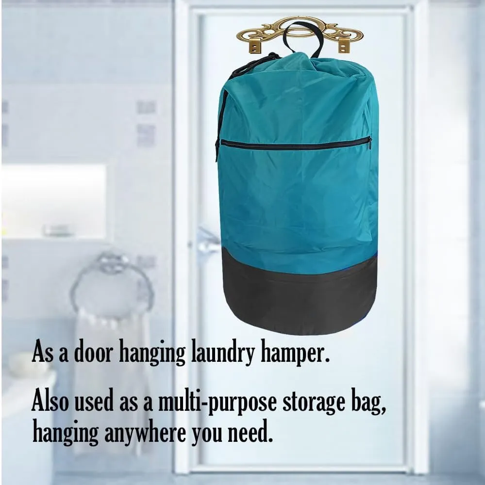 Washable Laundry Bag Backpack with Zipper Pocket, Heavy Duty Clothes Bag, 2 Strong Adjustable Shoulder Straps with Drawstring Closure for Travel, Camping or College, Blue Aqua