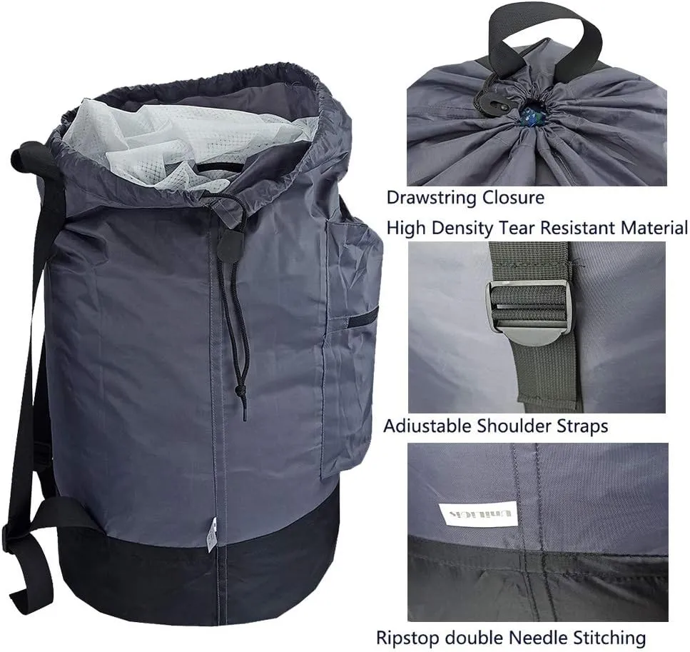 Washable Laundry Bag Backpack with Zipper Pocket, Heavy Duty Clothes Bag, 2 Strong Adjustable Shoulder Straps with Drawstring Closure for Travel, Camping or College, Grey