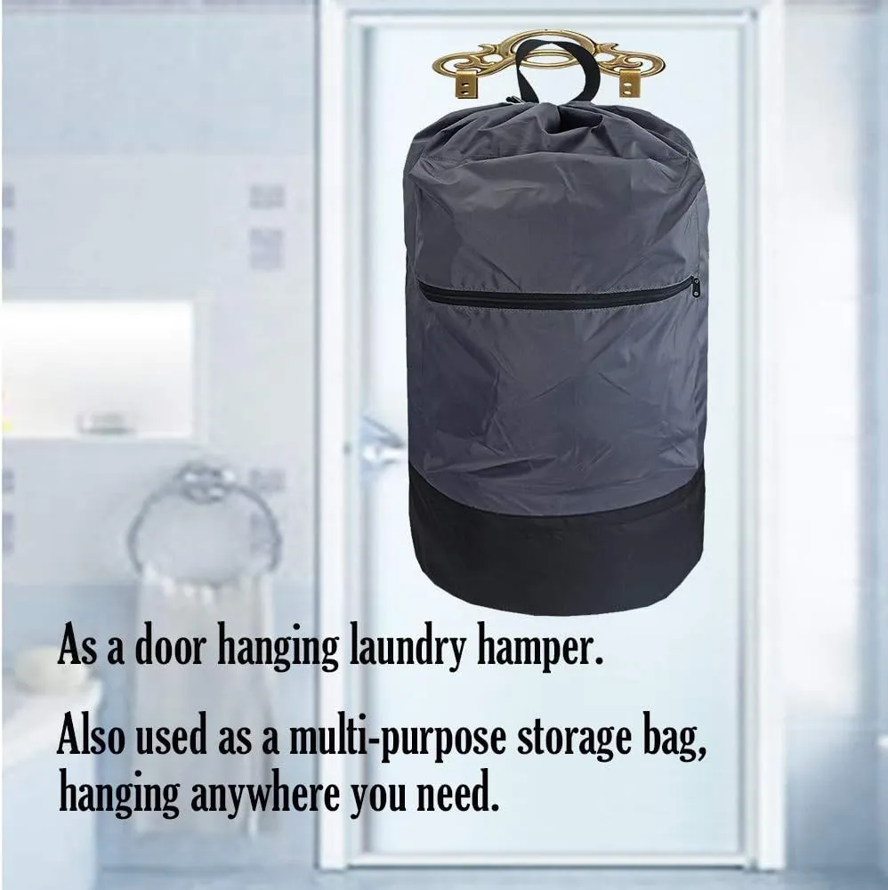 Washable Laundry Bag Backpack with Zipper Pocket, Heavy Duty Clothes Bag, 2 Strong Adjustable Shoulder Straps with Drawstring Closure for Travel, Camping or College, Grey