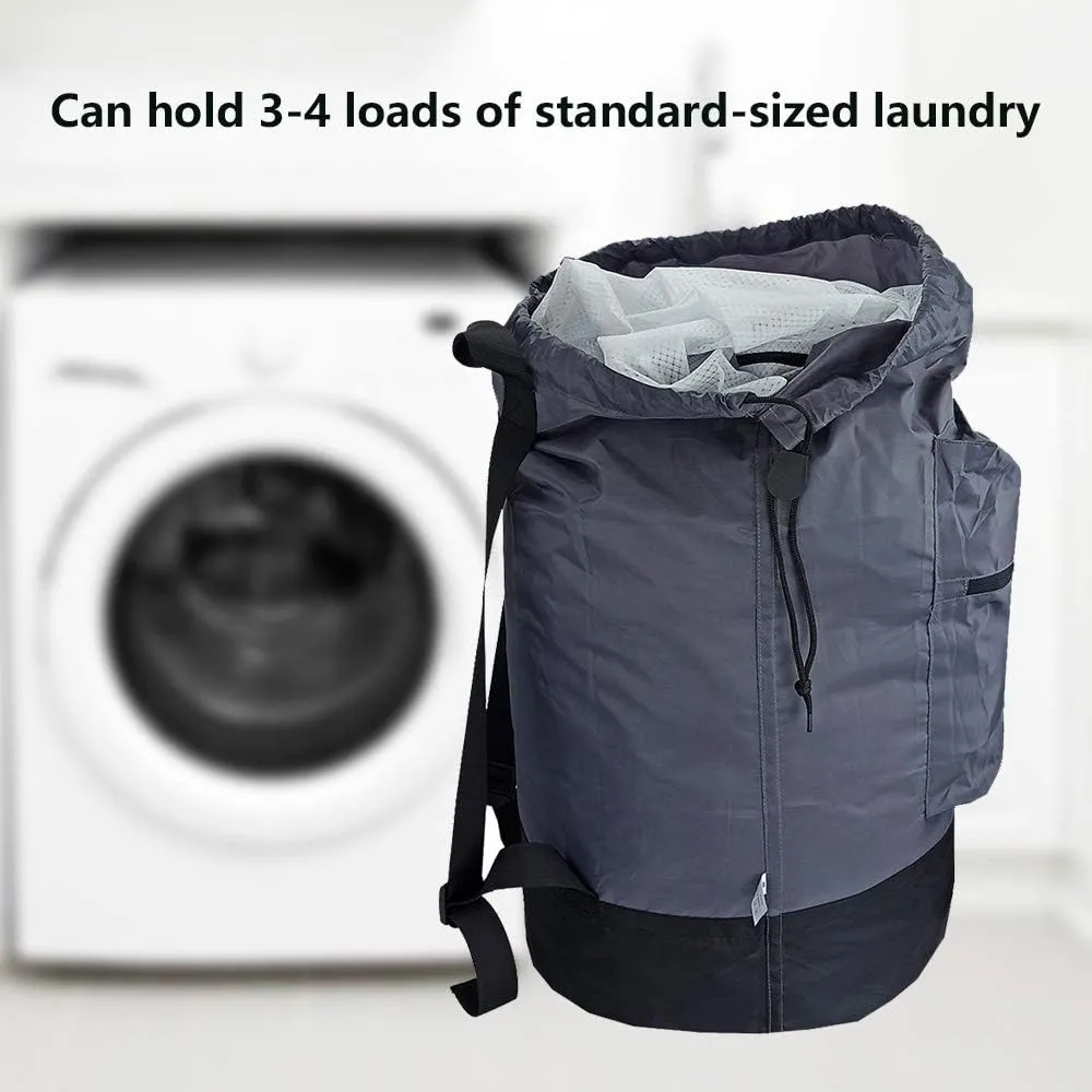 Washable Laundry Bag Backpack with Zipper Pocket, Heavy Duty Clothes Bag, 2 Strong Adjustable Shoulder Straps with Drawstring Closure for Travel, Camping or College, Grey