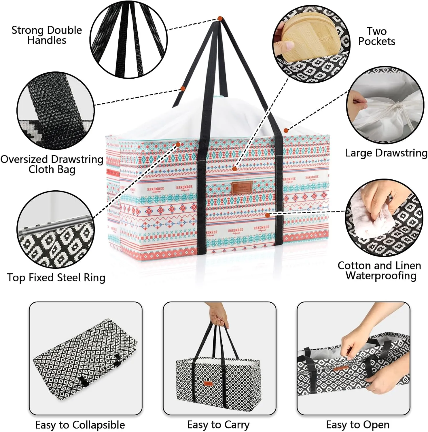 Waterproof Car Trunk Organizer Large Drawstring SUV Trunk Storage Organizer Collapsible Truck Bag Two pockets Long Strap Car Trunk Organizer for camping (Car Trunk Organizers-006)