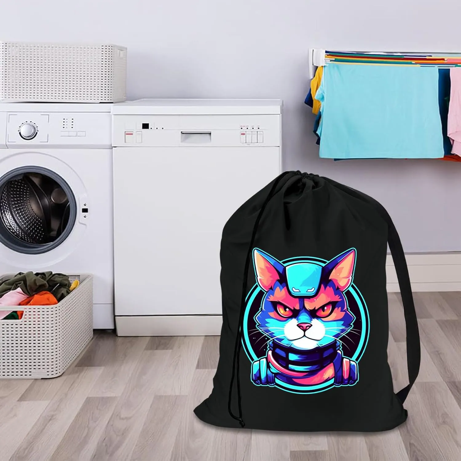 Waterproof Travel Laundry Bags with Strap, Cool Cat Pattern Canvas Laundry Bag, Dirty Clothes Bag for Traveling, Dirty Laundry Travel Bag, Easy Fit a Laundry Hamper or Basket, Cat Lover Gifts