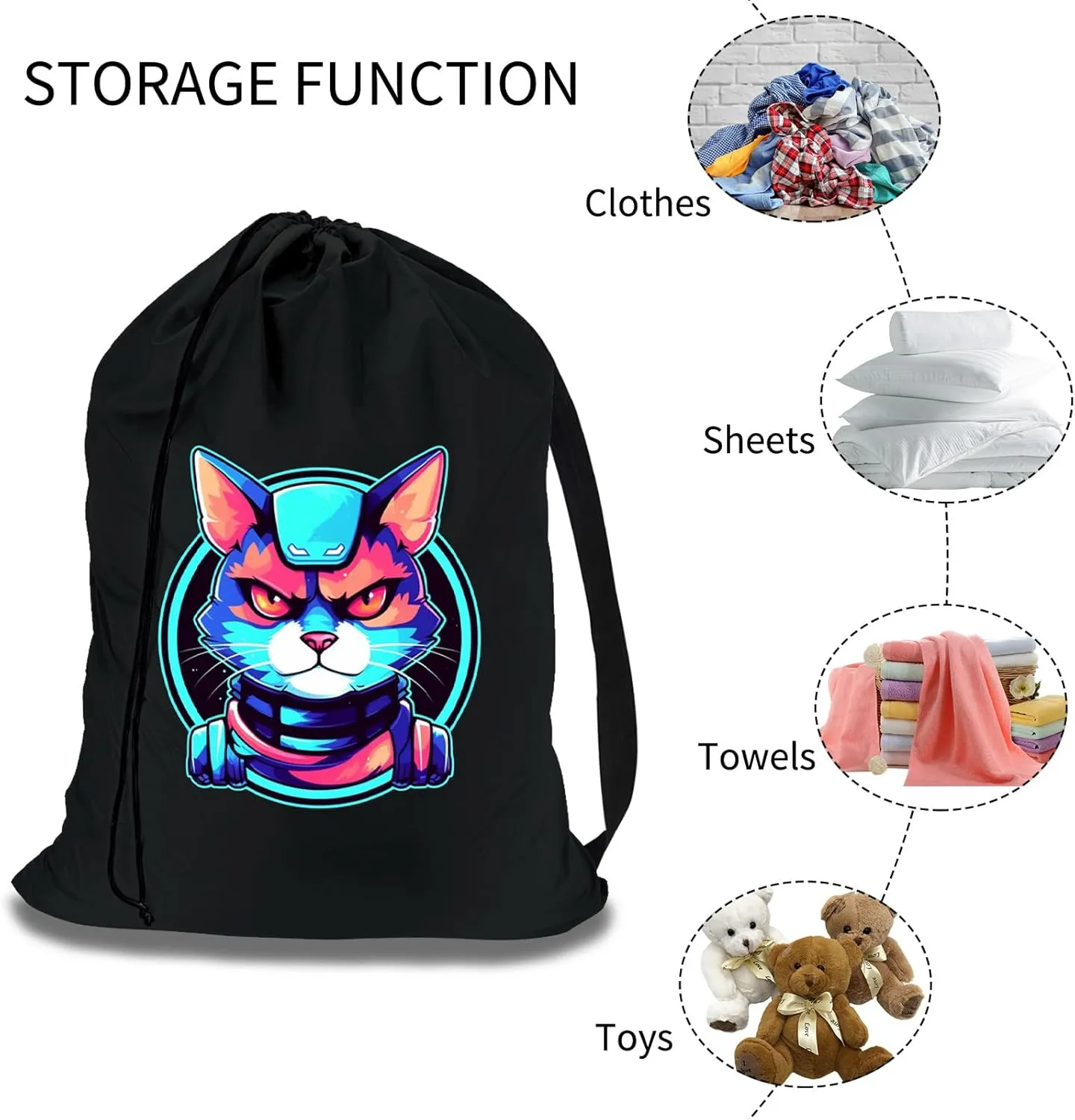 Waterproof Travel Laundry Bags with Strap, Cool Cat Pattern Canvas Laundry Bag, Dirty Clothes Bag for Traveling, Dirty Laundry Travel Bag, Easy Fit a Laundry Hamper or Basket, Cat Lover Gifts