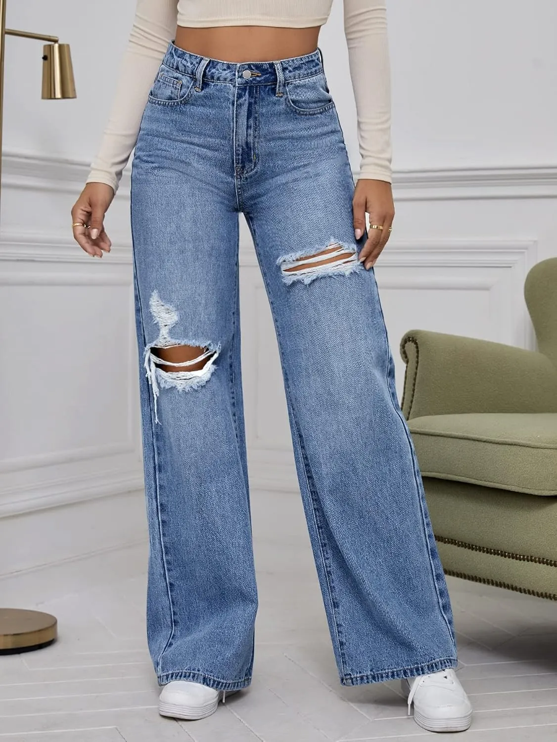 WDIRARA Women's High Waist Ripped Wide Leg Baggy Jeans Distressed Denim Pants