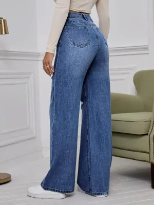 WDIRARA Women's High Waist Ripped Wide Leg Baggy Jeans Distressed Denim Pants