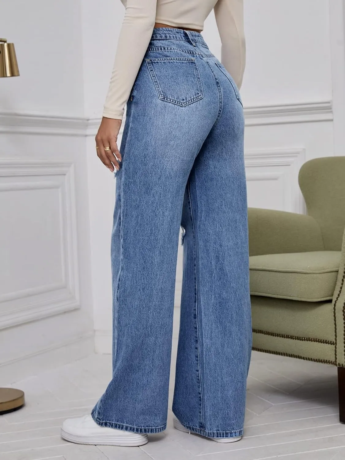 WDIRARA Women's High Waist Ripped Wide Leg Baggy Jeans Distressed Denim Pants