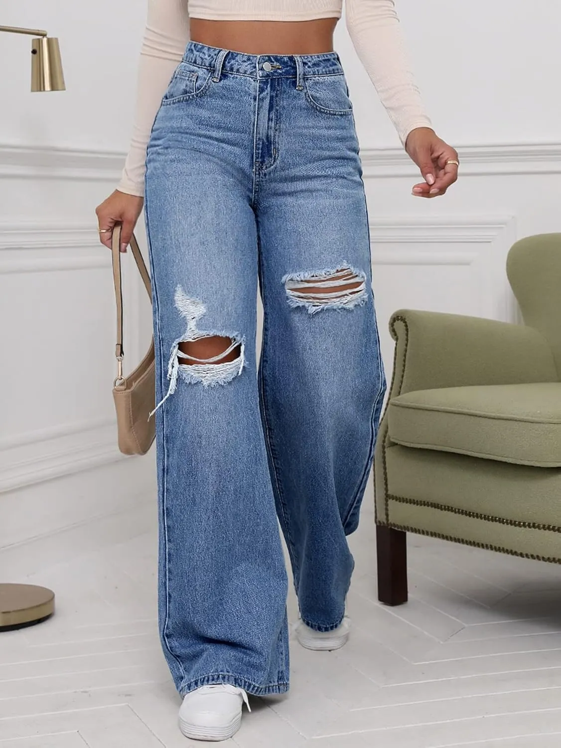 WDIRARA Women's High Waist Ripped Wide Leg Baggy Jeans Distressed Denim Pants