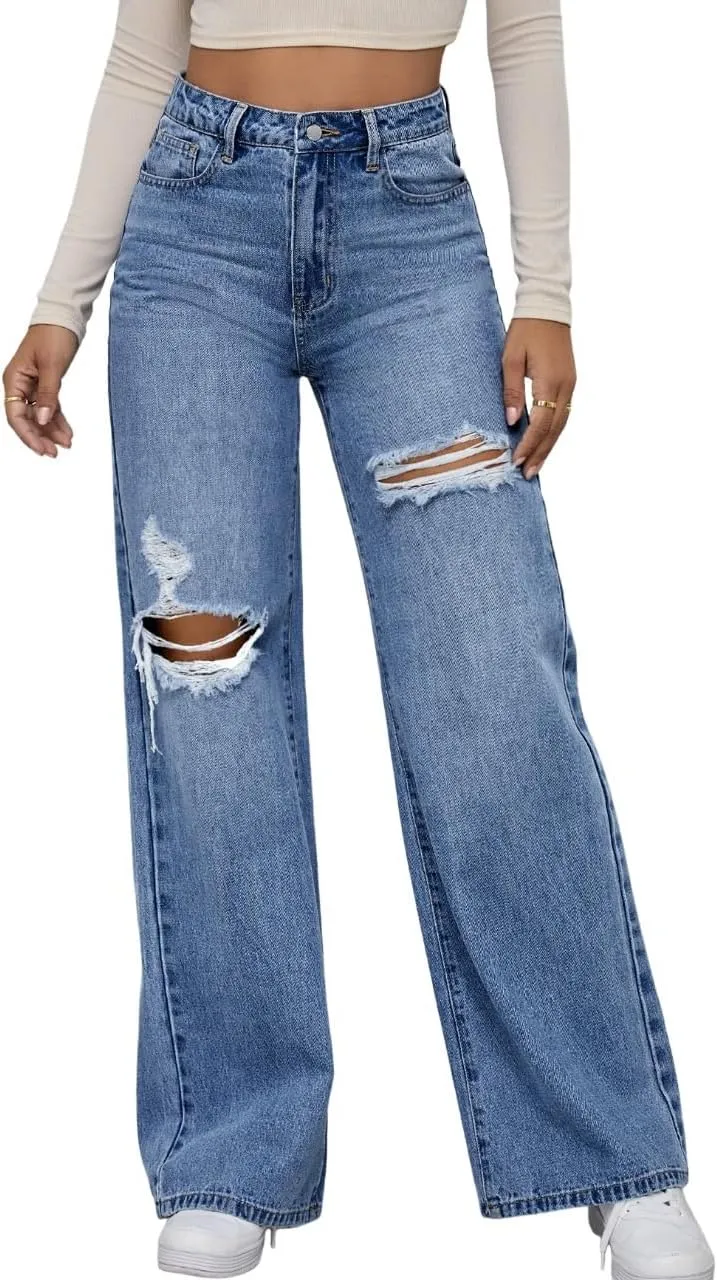 WDIRARA Women's High Waist Ripped Wide Leg Baggy Jeans Distressed Denim Pants