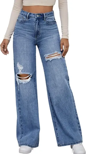 WDIRARA Women's High Waist Ripped Wide Leg Baggy Jeans Distressed Denim Pants
