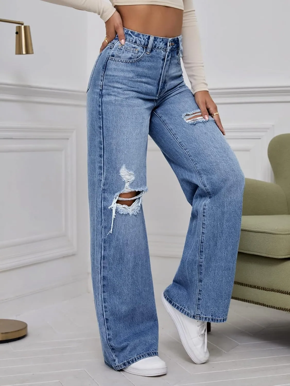 WDIRARA Women's High Waist Ripped Wide Leg Baggy Jeans Distressed Denim Pants