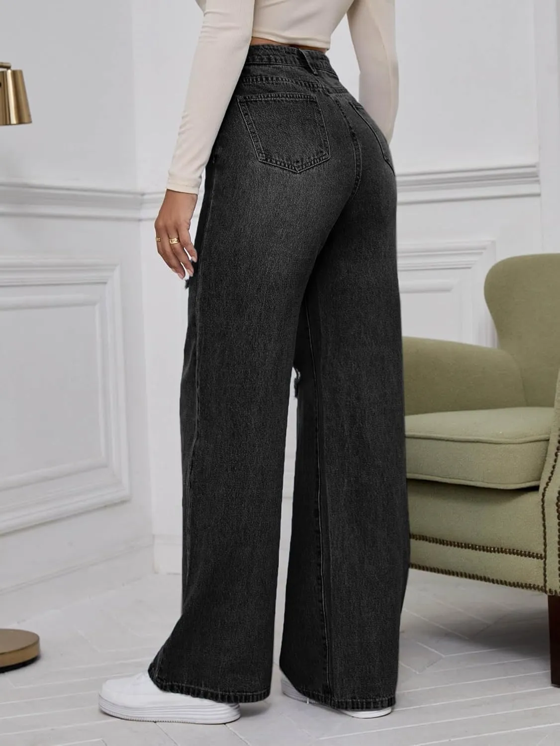 WDIRARA Women's High Waist Ripped Wide Leg Baggy Jeans Distressed Denim Pants