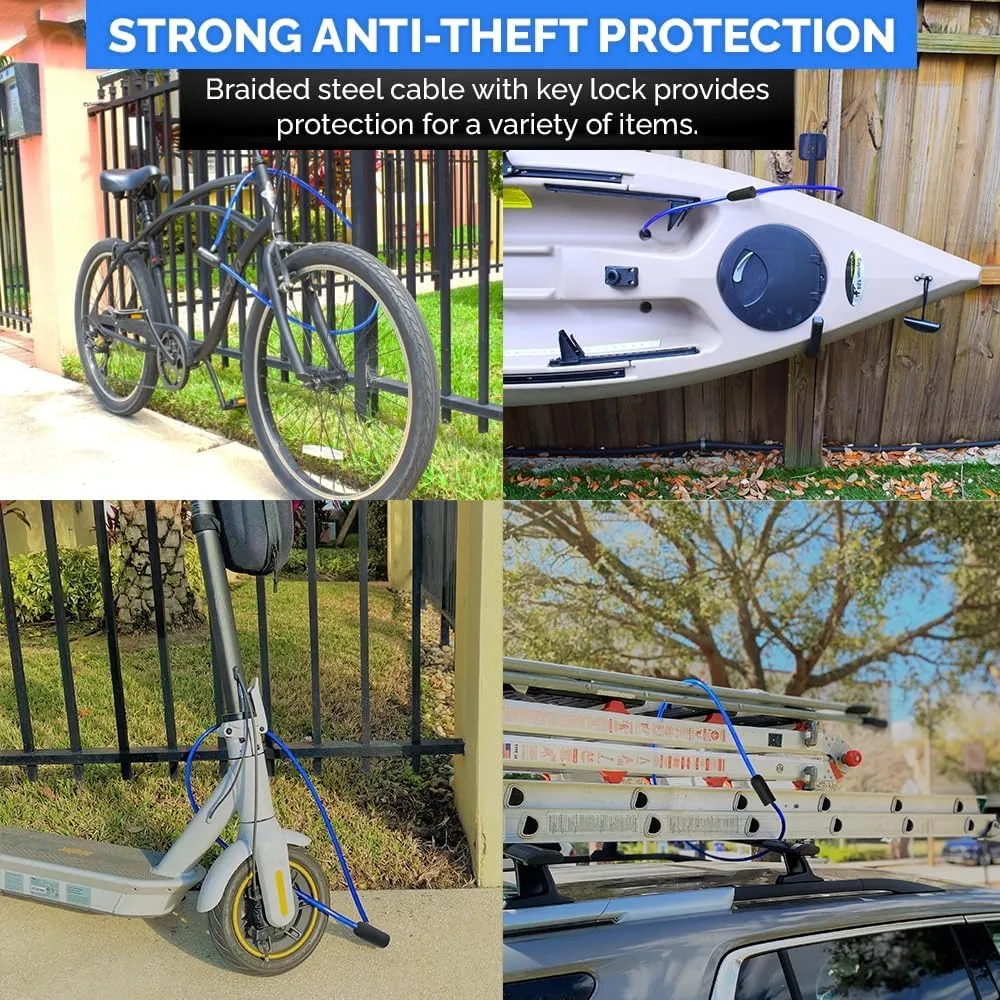 Weatherproof Security Cable Lock with Keys (5ft to 25ft Lengths) Anti-Theft for Kayak, Bike, Paddleboard, Scooter, Equipment, Bicycle