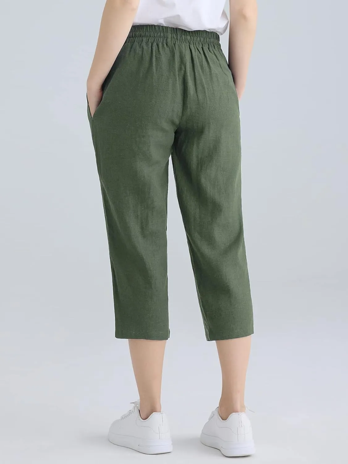 Weintee Women's Linen Crop Pants Capris with Pockets