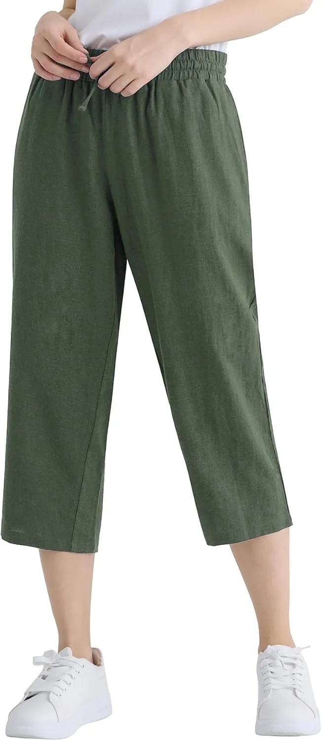 Weintee Women's Linen Crop Pants Capris with Pockets