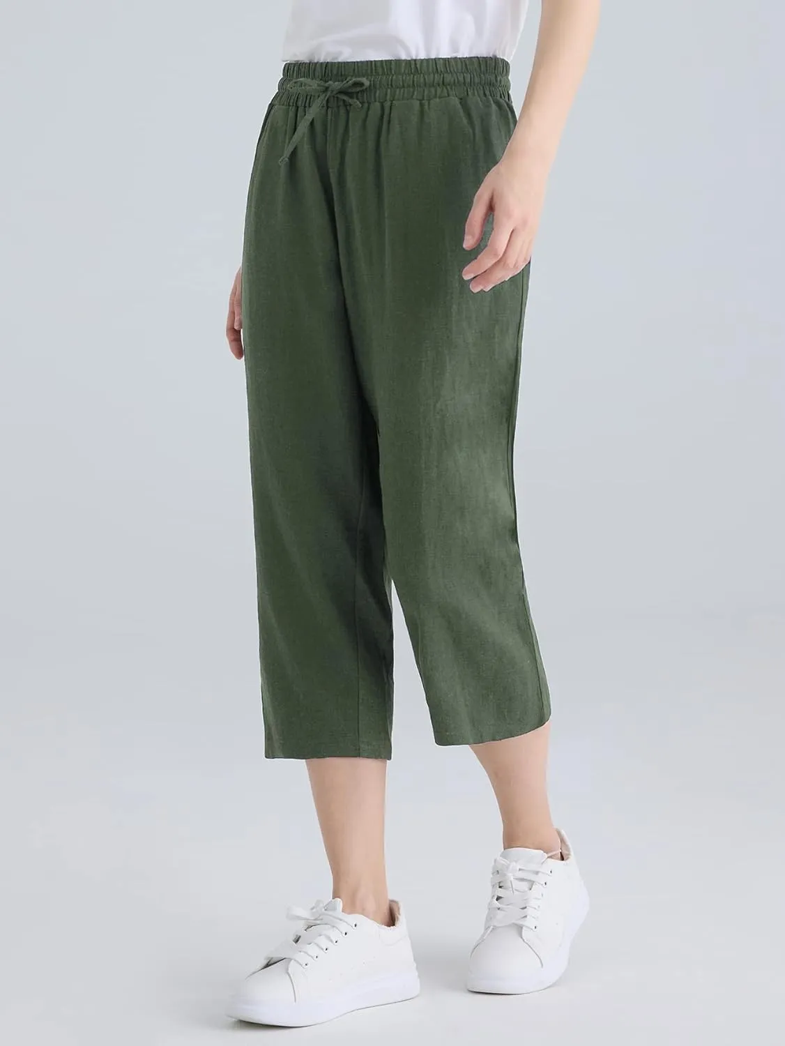 Weintee Women's Linen Crop Pants Capris with Pockets