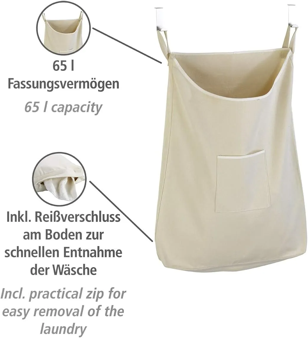 WENKO Laundry Hamper Bag Hanging, Over The Door Basket with Hooks, for Bathroom, Closet, Space Saving Storage, Wall mounted 3.94 x 20.47 x 31.89 in, Beige