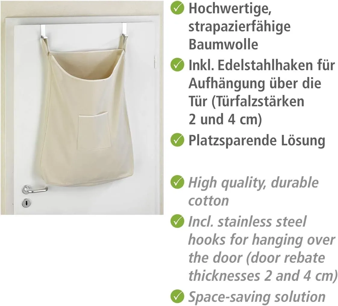 WENKO Laundry Hamper Bag Hanging, Over The Door Basket with Hooks, for Bathroom, Closet, Space Saving Storage, Wall mounted 3.94 x 20.47 x 31.89 in, Beige