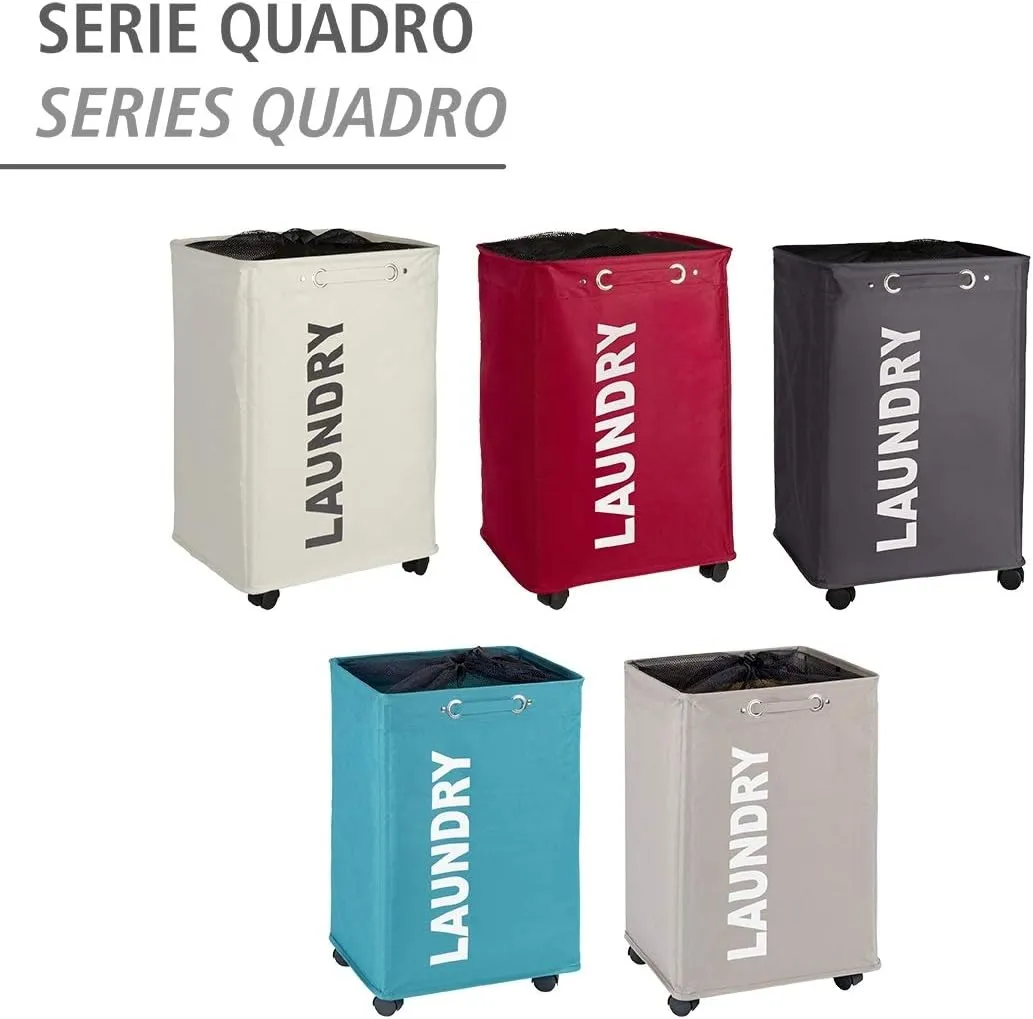 WENKO Quadro Slim Laundry Basket with Wheels and Privacy Cover, Collector, Laundry Basket with Wheels, Space Saving Narrow Laundry Hamper, Clothes Storage, Capacity 20 Gal, Gray