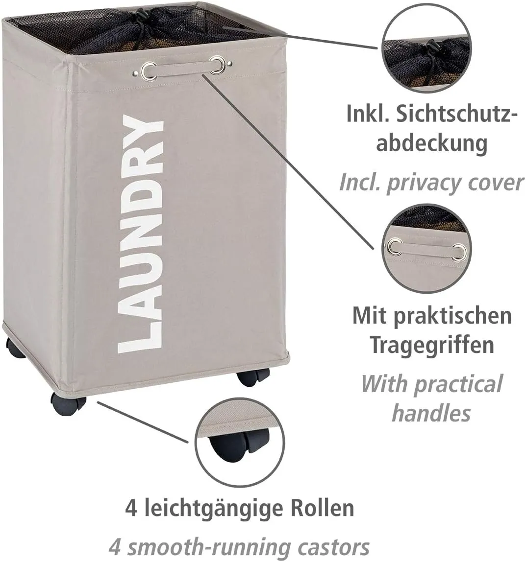 WENKO Quadro Slim Laundry Basket with Wheels and Privacy Cover, Collector, Laundry Basket with Wheels, Space Saving Narrow Laundry Hamper, Clothes Storage, Capacity 20 Gal, Gray
