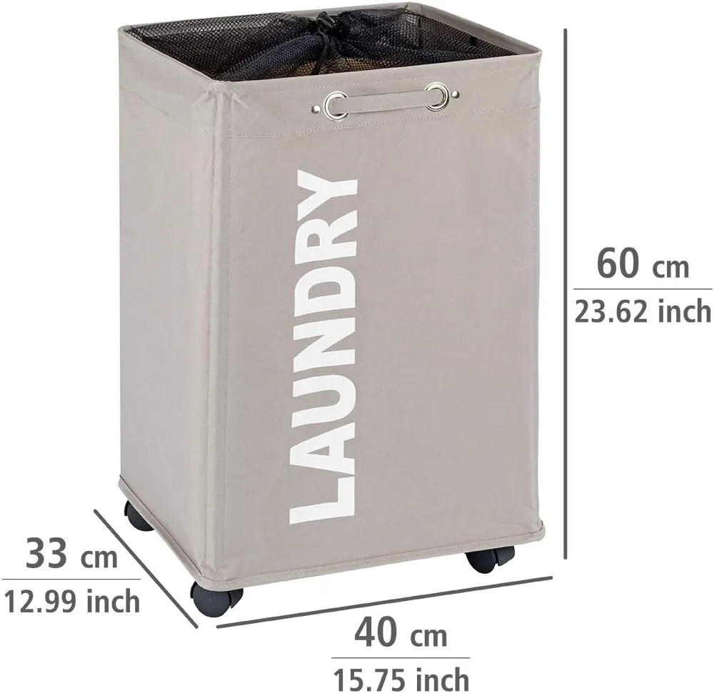 WENKO Quadro Slim Laundry Basket with Wheels and Privacy Cover, Collector, Laundry Basket with Wheels, Space Saving Narrow Laundry Hamper, Clothes Storage, Capacity 20 Gal, Gray