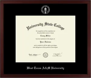 West Texas A&M University 14" w x 11" h Diploma Frame - Fits a bachelor's, master's and phd - Gold Embossed Diploma Frame - Cherry Moulding with Black Matting - Officially Licensed