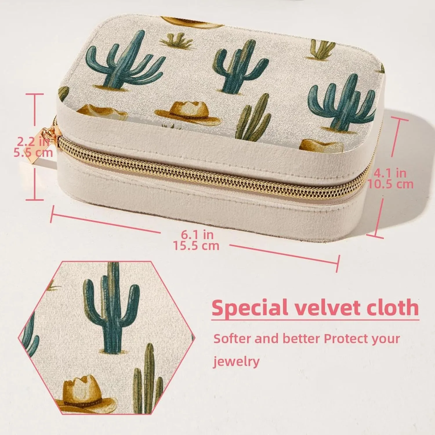 Western Themed Cactus Cowboy Pattern Travel Jewelry Box, Portable Travel Display Case Storage Holder Boxes for Stud Earrings, Rings, Necklaces, Bracelets