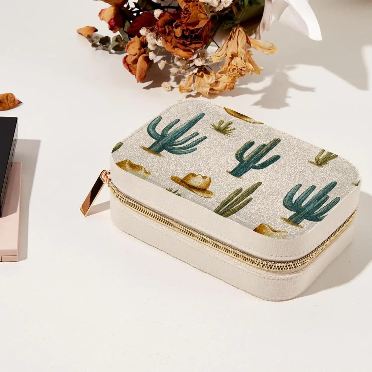 Western Themed Cactus Cowboy Pattern Travel Jewelry Box, Portable Travel Display Case Storage Holder Boxes for Stud Earrings, Rings, Necklaces, Bracelets
