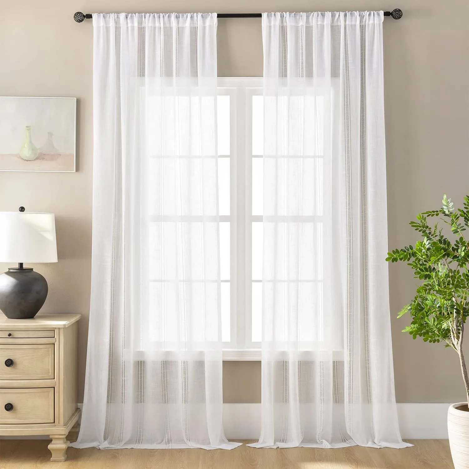 White Curtain 84 Inches Length for Bedroom,Linen Blend Semi Sheer Rod Pocket Window Treatment Drapes for Living Room,2 Panels,52" Width
