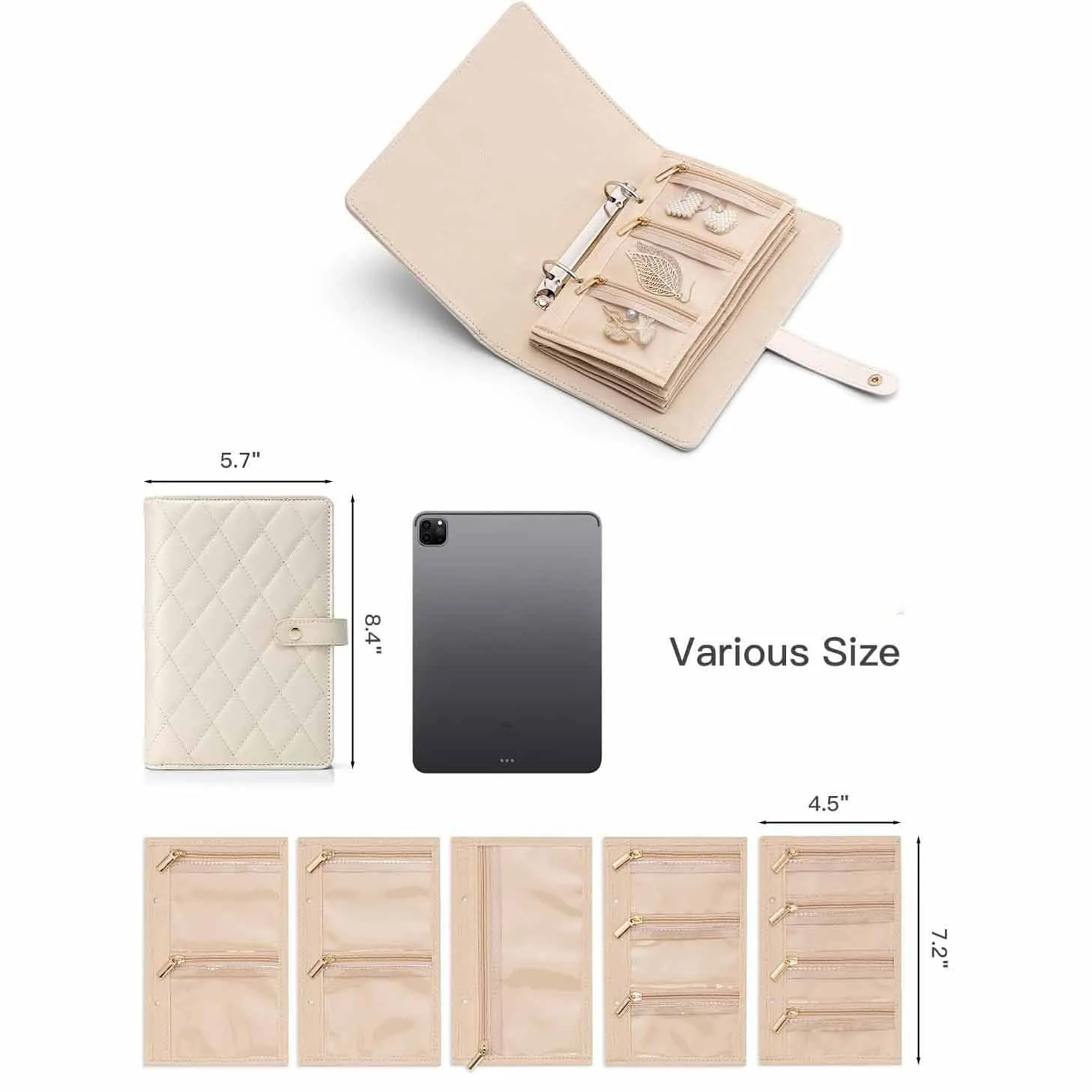 White Foldable Travel Jewelry Organizer - Velvet Zippered Case with Transparent Pages & Detachable Pouches