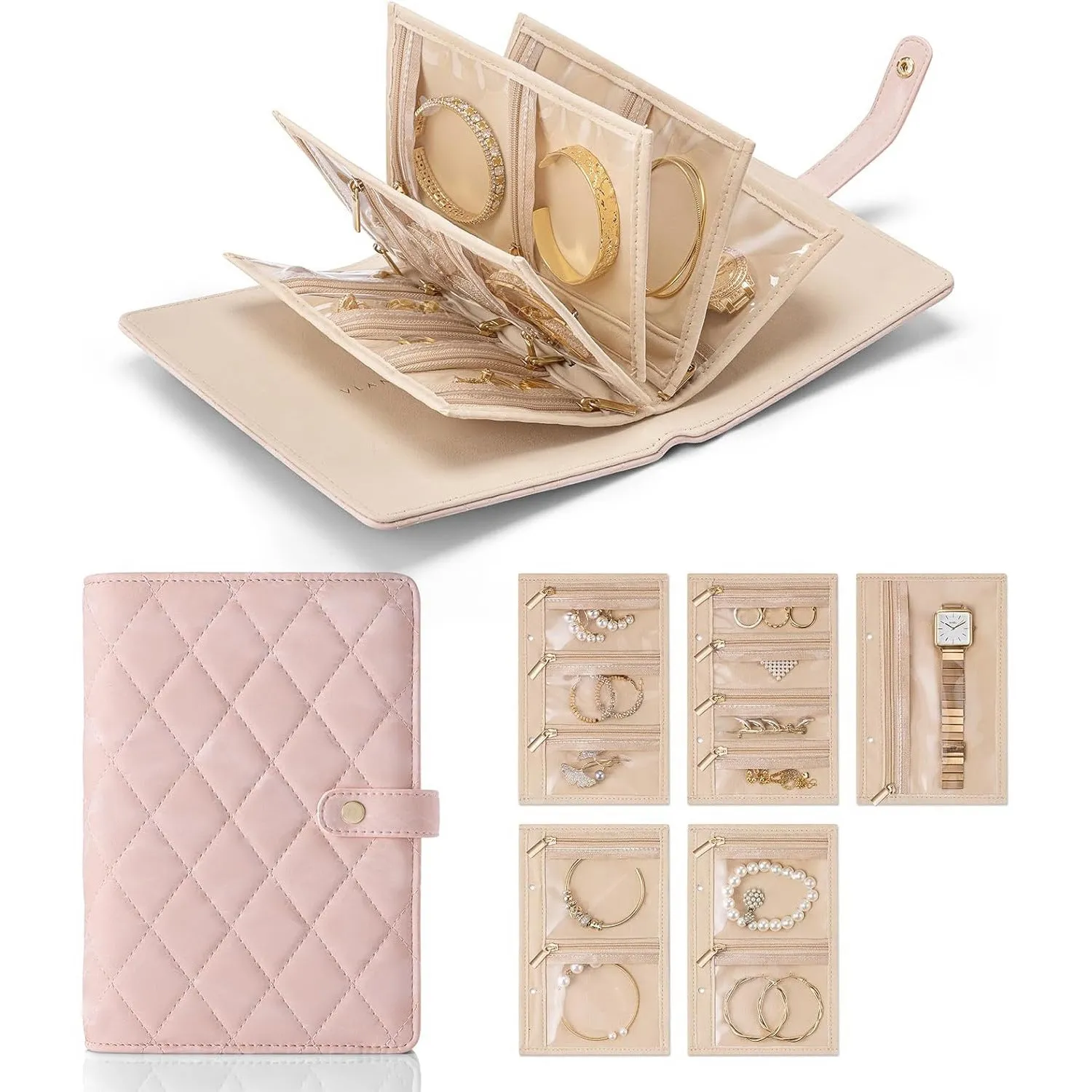 White Foldable Travel Jewelry Organizer - Velvet Zippered Case with Transparent Pages & Detachable Pouches