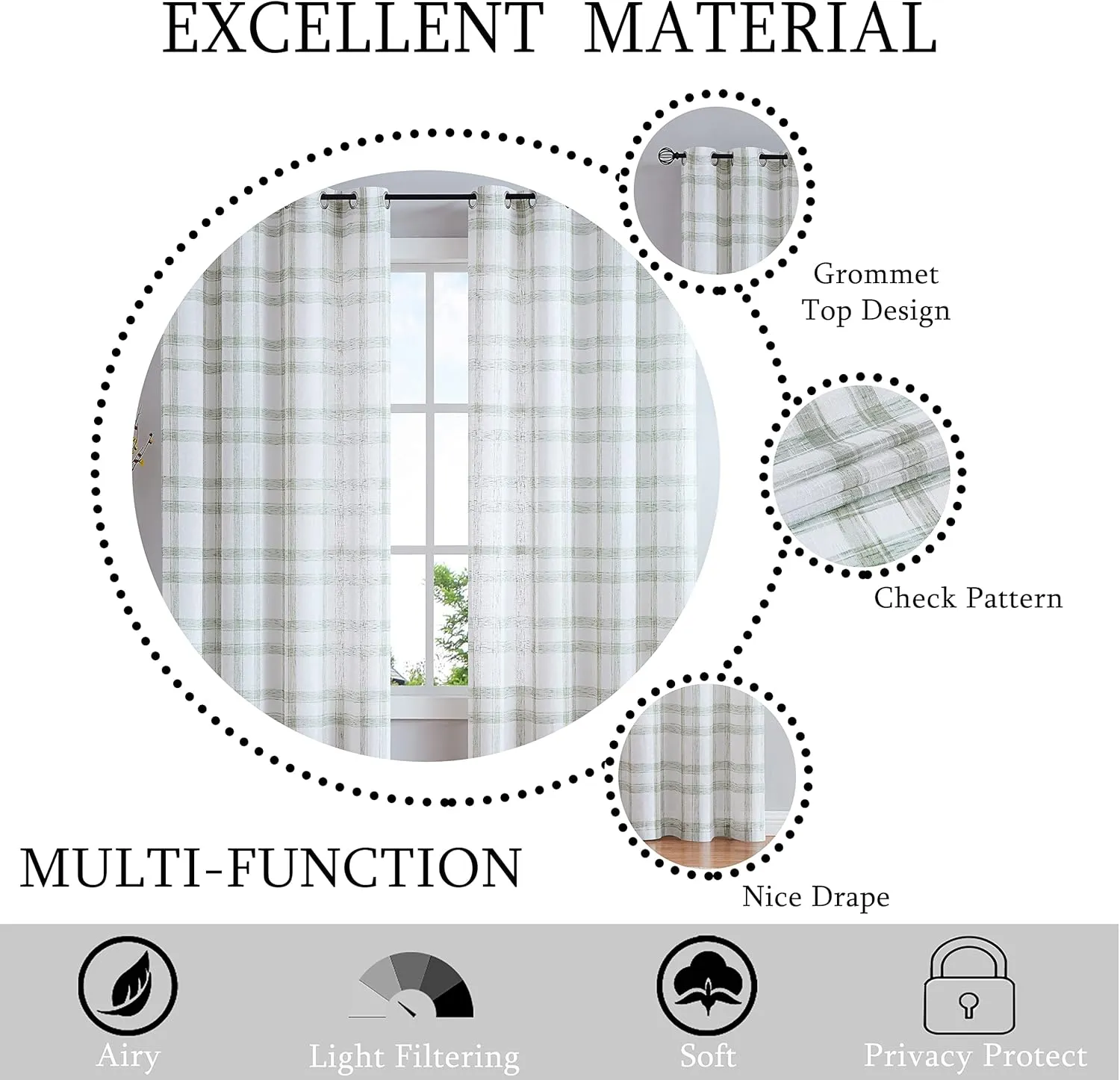 White Green Geometric Window Curtain Panel Pairs 84" Long for Living Room Linen Blend Semi Sheers Grommets Top Rustic Farmhouse Style Window Treatment Drape Sets for Bedroom 54"x84"x2, Sage/White