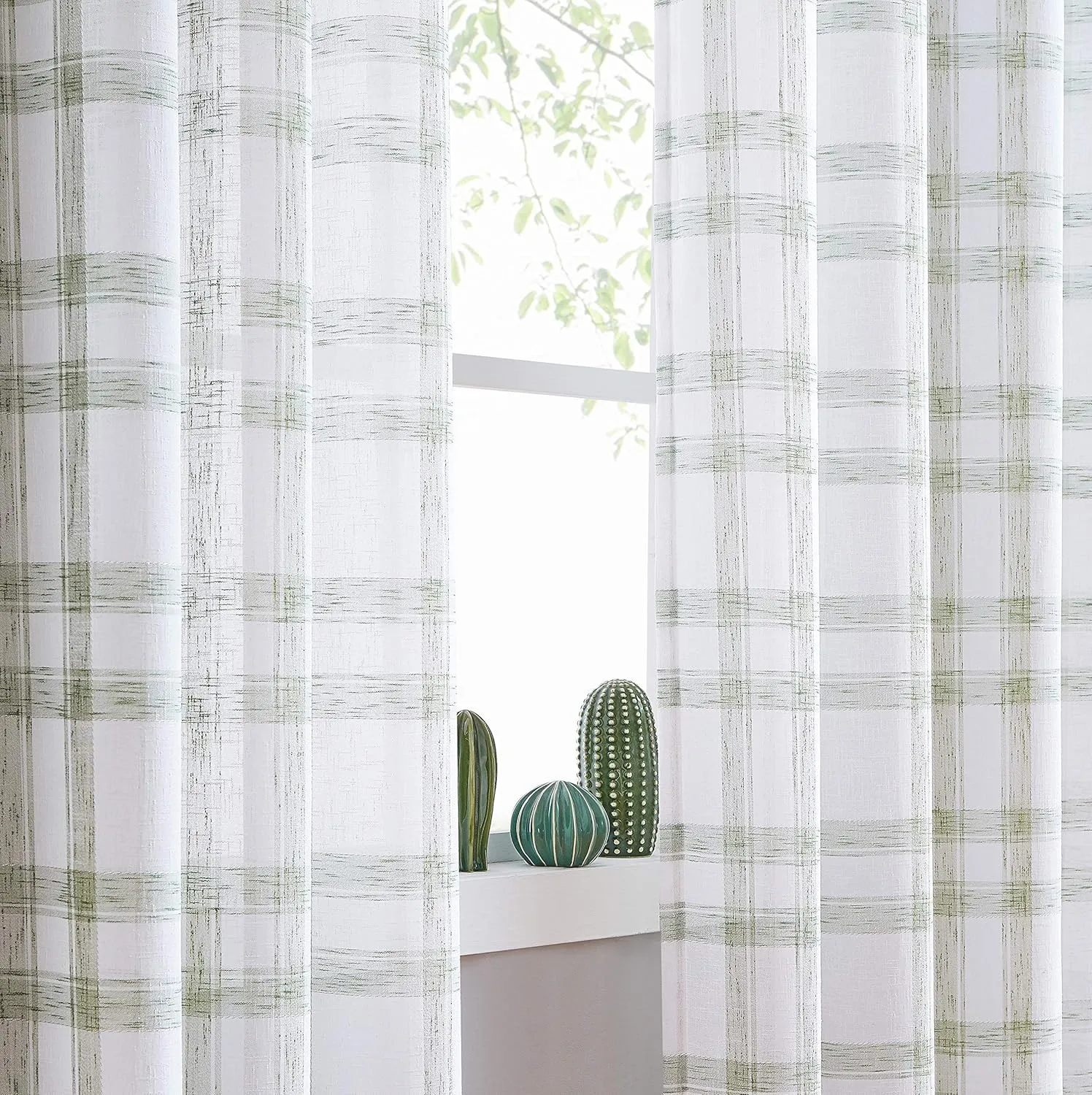 White Green Geometric Window Curtain Panel Pairs 84" Long for Living Room Linen Blend Semi Sheers Grommets Top Rustic Farmhouse Style Window Treatment Drape Sets for Bedroom 54"x84"x2, Sage/White