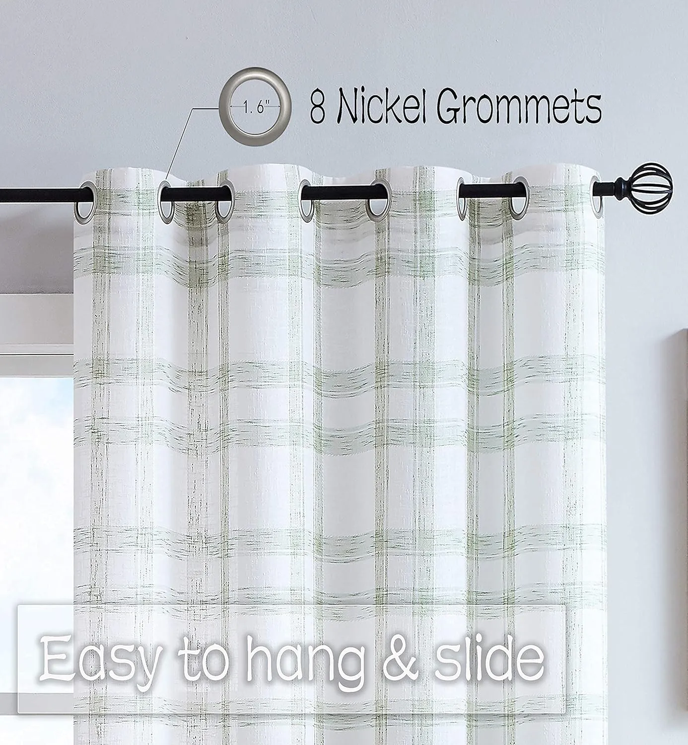 White Green Geometric Window Curtain Panel Pairs 84" Long for Living Room Linen Blend Semi Sheers Grommets Top Rustic Farmhouse Style Window Treatment Drape Sets for Bedroom 54"x84"x2, Sage/White