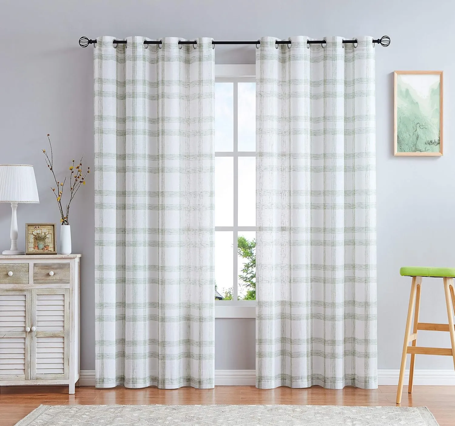 White Green Geometric Window Curtain Panel Pairs 84" Long for Living Room Linen Blend Semi Sheers Grommets Top Rustic Farmhouse Style Window Treatment Drape Sets for Bedroom 54"x84"x2, Sage/White