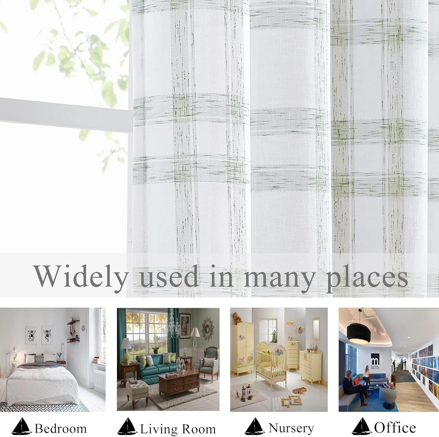 White Green Geometric Window Curtain Panel Pairs 84" Long for Living Room Linen Blend Semi Sheers Grommets Top Rustic Farmhouse Style Window Treatment Drape Sets for Bedroom 54"x84"x2, Sage/White