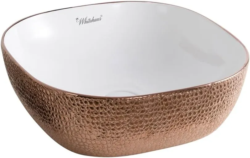 Whitehaus Collection WH71301-F23 Isabella Plus Collection Square Above Mount Basin with an Embossed Exterior, Smooth Interior, and Center Drain, 16.625 x 16.625 x 5.5, White/Rose Gold