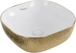 Whitehaus Collection WH71301-F25 Isabella Plus Collection Square Above Mount Basin with an Embossed Exterior, Smooth Interior, and Center Drain, 16 5/8" x 16 5/8" x 5 1/2", White/Gold