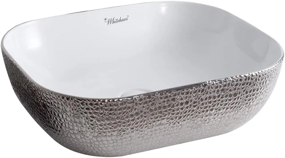 Whitehaus Collection WH71302-F21 Isabella Plus Collection Rectangular Above Mount Basin with an Embossed Exterior, Smooth Interior, and Center Drain, 19.75"L x 15.75"W x 5.5"H, White/Silver