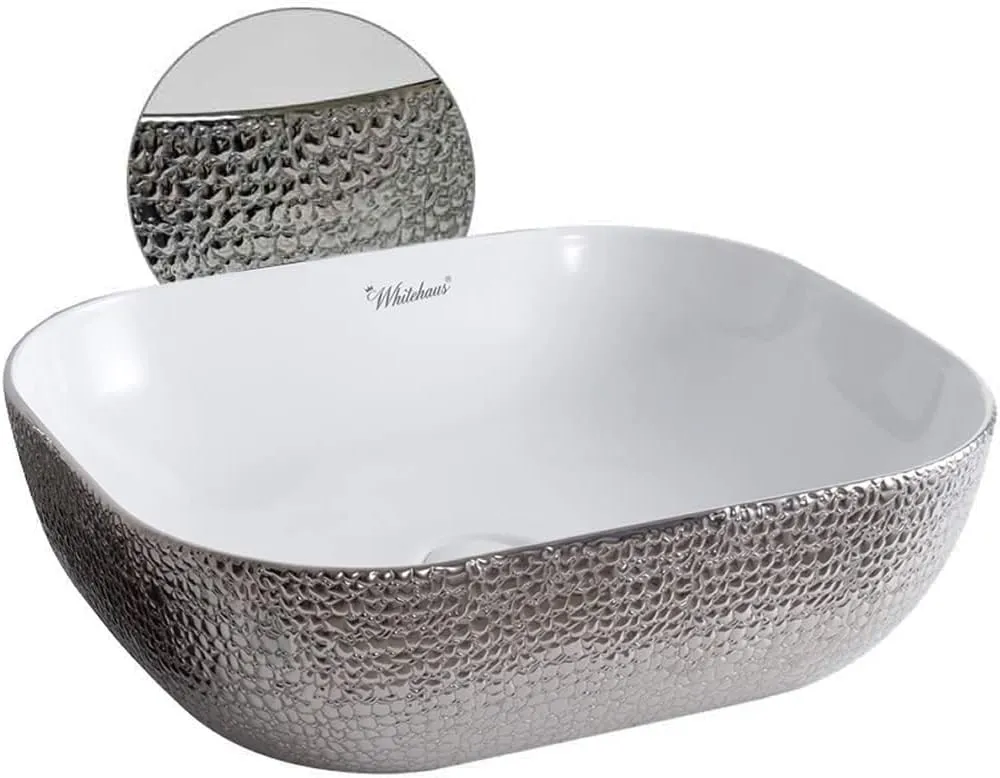 Whitehaus Collection WH71302-F21 Isabella Plus Collection Rectangular Above Mount Basin with an Embossed Exterior, Smooth Interior, and Center Drain, 19.75"L x 15.75"W x 5.5"H, White/Silver