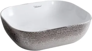 Whitehaus Collection WH71302-F21 Isabella Plus Collection Rectangular Above Mount Basin with an Embossed Exterior, Smooth Interior, and Center Drain, 19.75"L x 15.75"W x 5.5"H, White/Silver