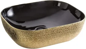 Whitehaus Collection WH71302-F22 Isabella Plus Collection Rectangular Above Mount Basin with an Embossed Exterior, Smooth Interior, and Center Drain, 19.75"L x 15.75"W x 5.5"H, Black/Gold